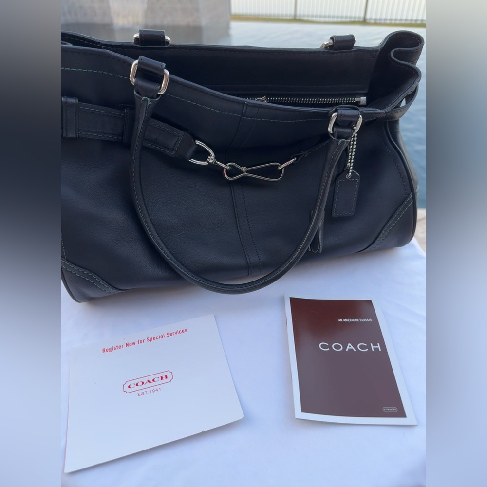 Coach Black Leather Hampton Satchel, silver hardware, and care instructions